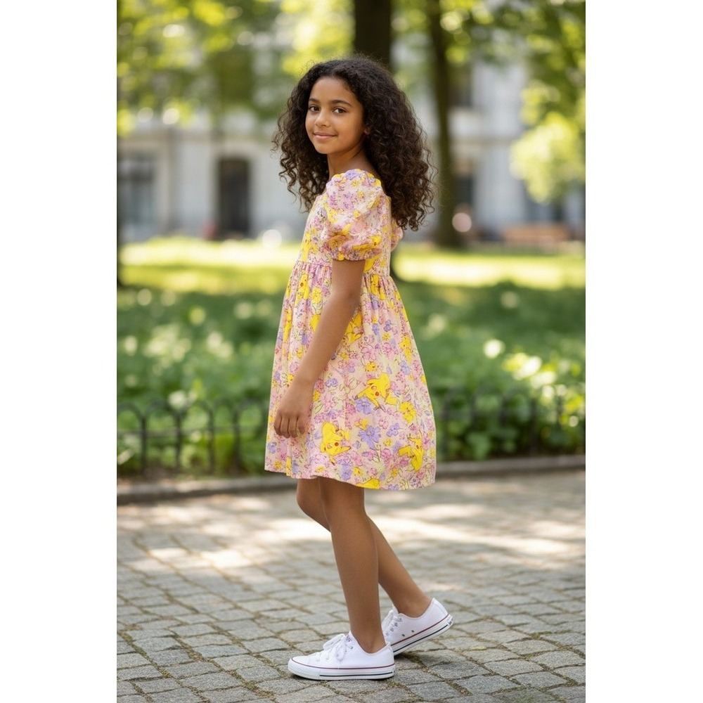 Pokemon Pikachu Floral Girls Dress 14 Purple Yellow Smocked Back XL square neck